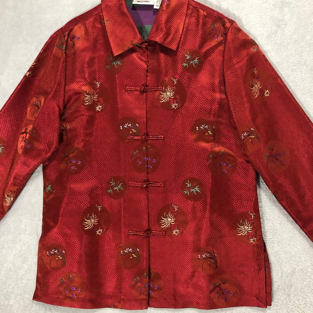 Units Asian Style Jacket Floral Print Button‎ Up Rayon Silk Blend Large